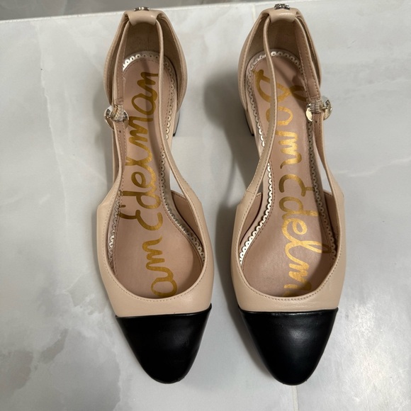 Sam Edelman Two-Tone Beige and Black Cap-Toe Slingback Block Heels - Picture 4 of 8